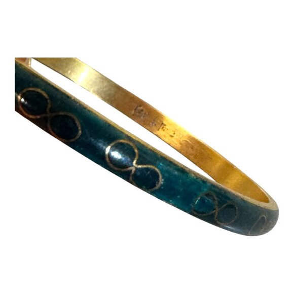 Vtg Cloisonne Turquoise Green Blue Floral Brass Enamel Infinity Symbol Bangle - Picture 8 of 8